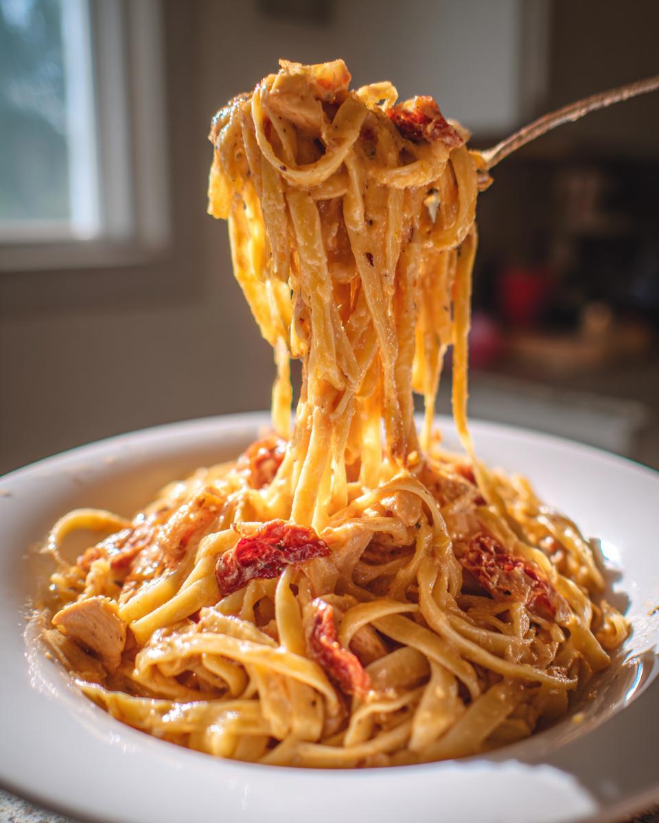 Close-up of Easy Cowboy Butter Chicken Linguine being lifted high from a white bowl with a fork, showing creamy sauce and sun-dried tomatoes.
