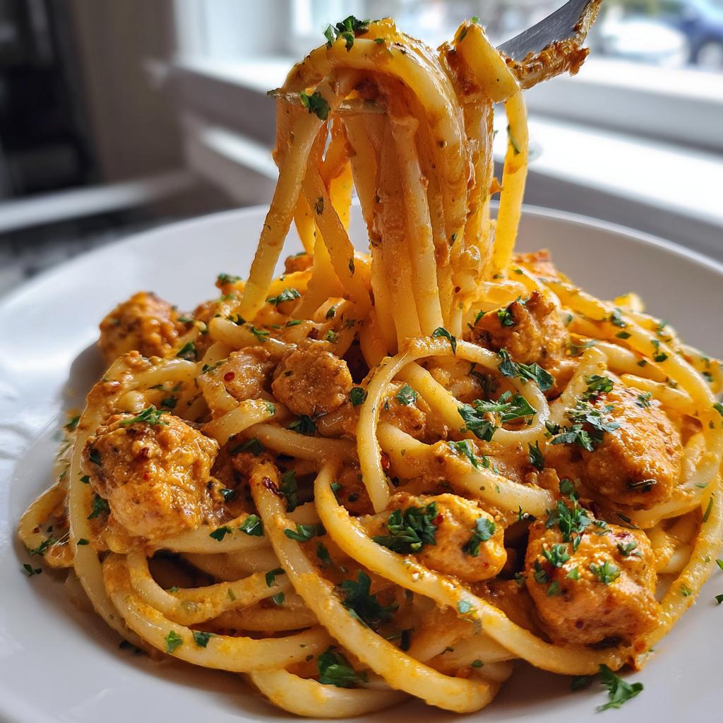 A fork lifting a twirl of linguine coated in creamy Cowboy Butter Chicken sauce with chunks of chicken, garnished with parsley.
