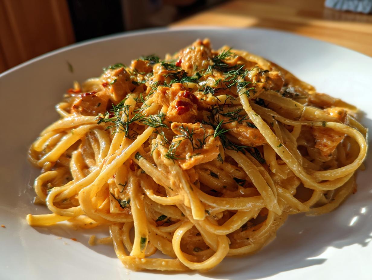 Close-up of Easy Cowboy Butter Chicken Linguine coated in creamy sauce, garnished with fresh dill.