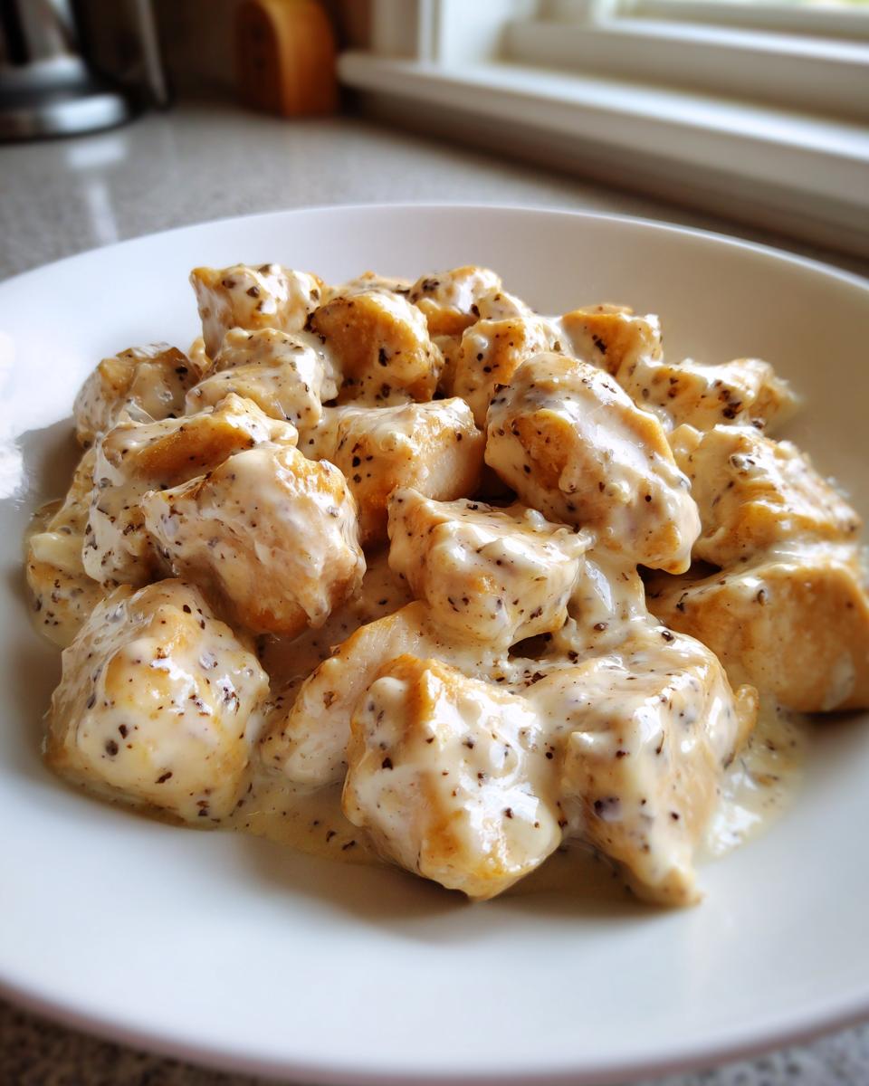 Close-up of bite-sized pieces of Easy Creamy Ranch Chicken coated in a thick, speckled white sauce.