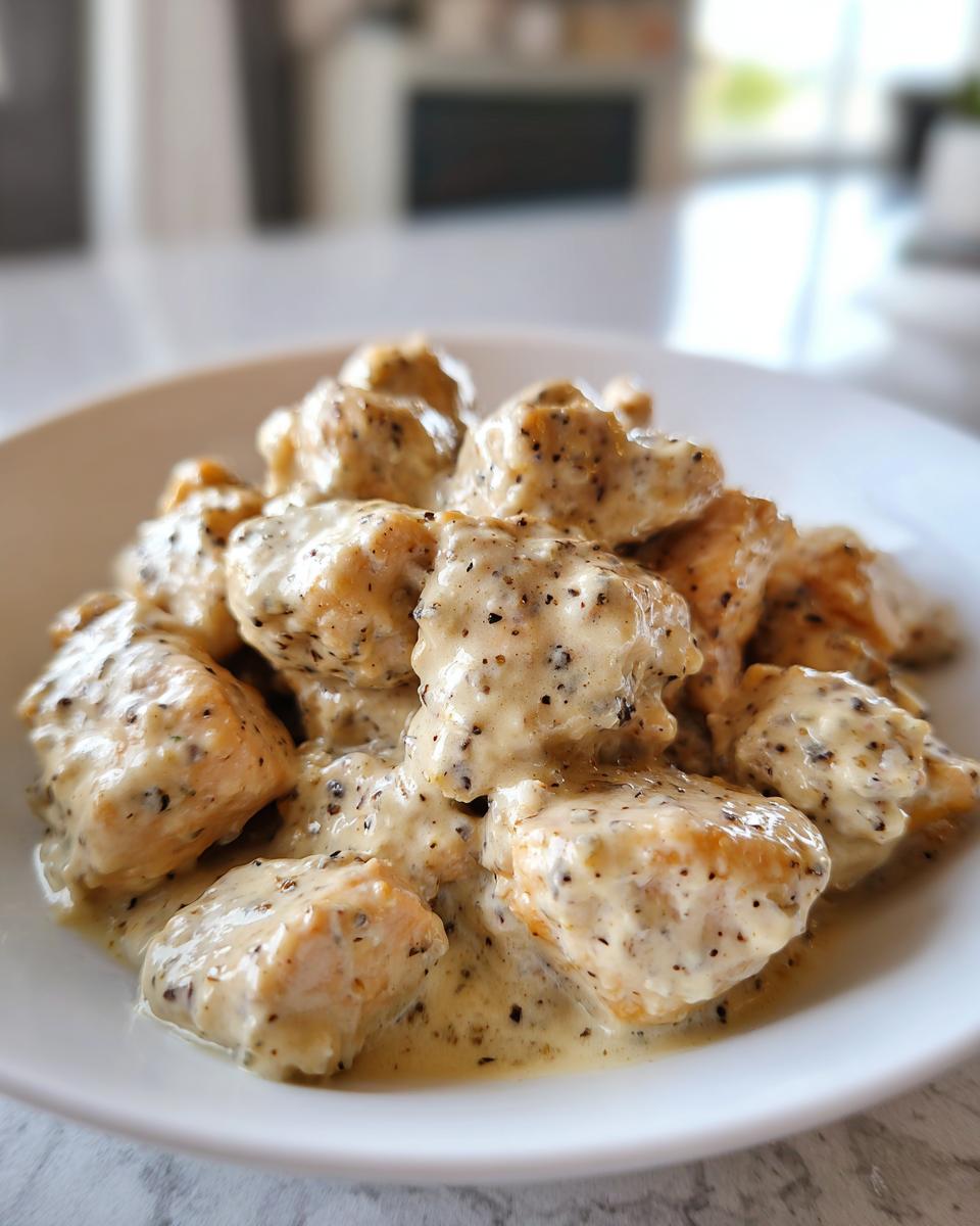 Close-up of bite-sized pieces of Easy Creamy Ranch Chicken coated in a thick, speckled ranch sauce.