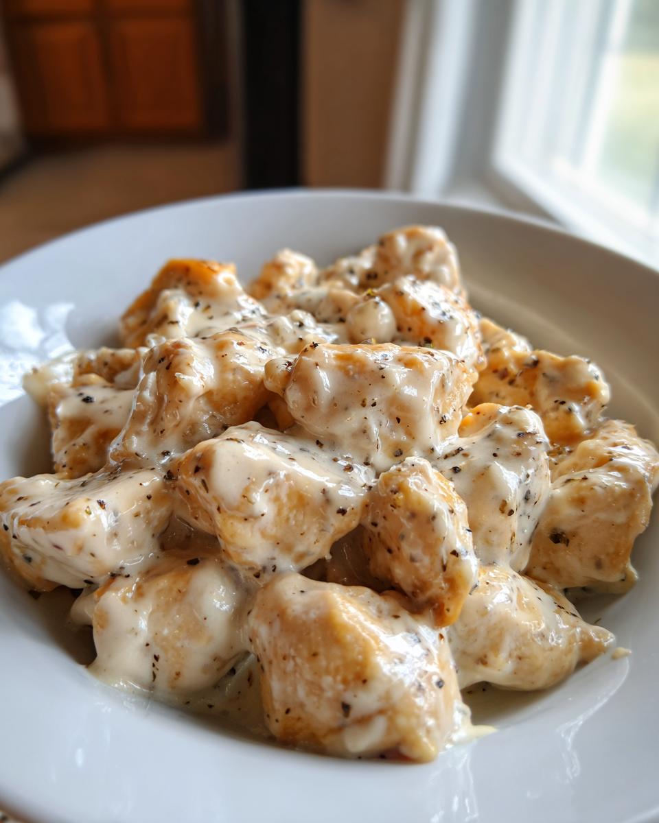 Close-up of bite-sized pieces of Easy Creamy Ranch Chicken coated in a thick, speckled white sauce.