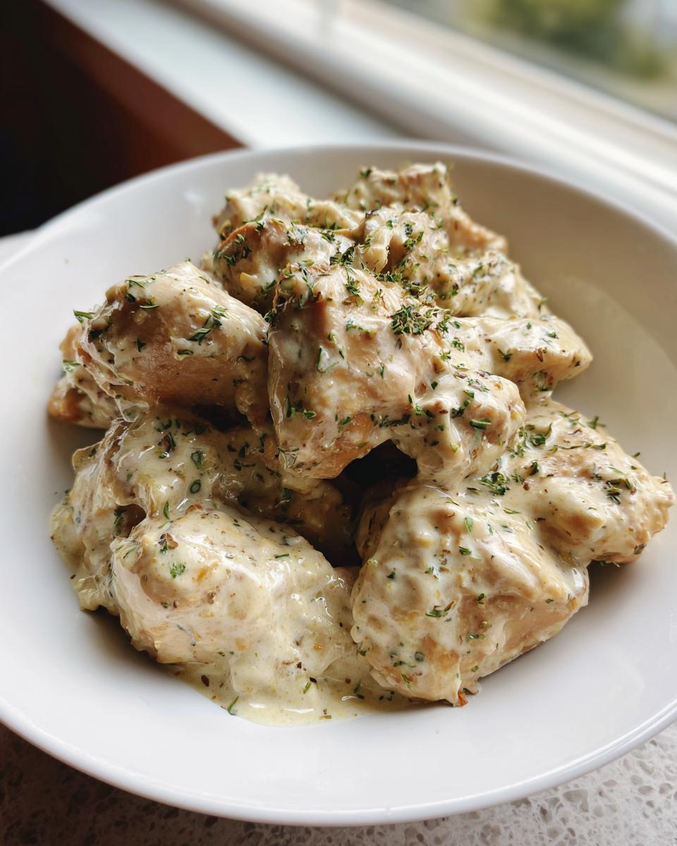 Close-up of tender chicken pieces smothered in a thick, creamy sauce, garnished with herbs for the Easy Creamy Ranch Chicken Recipe.
