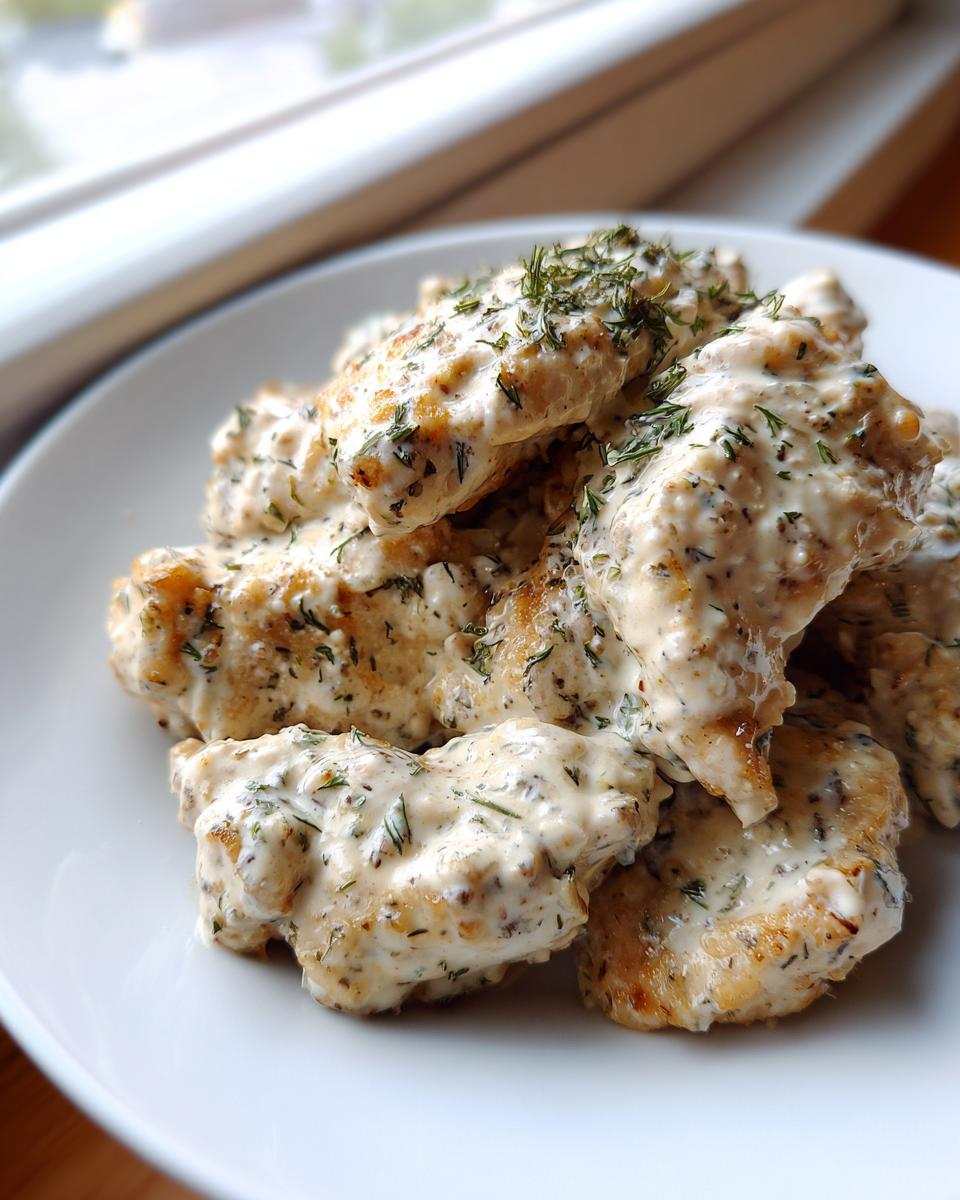 Close-up of tender chicken pieces smothered in a thick, creamy ranch sauce and topped with fresh dill.