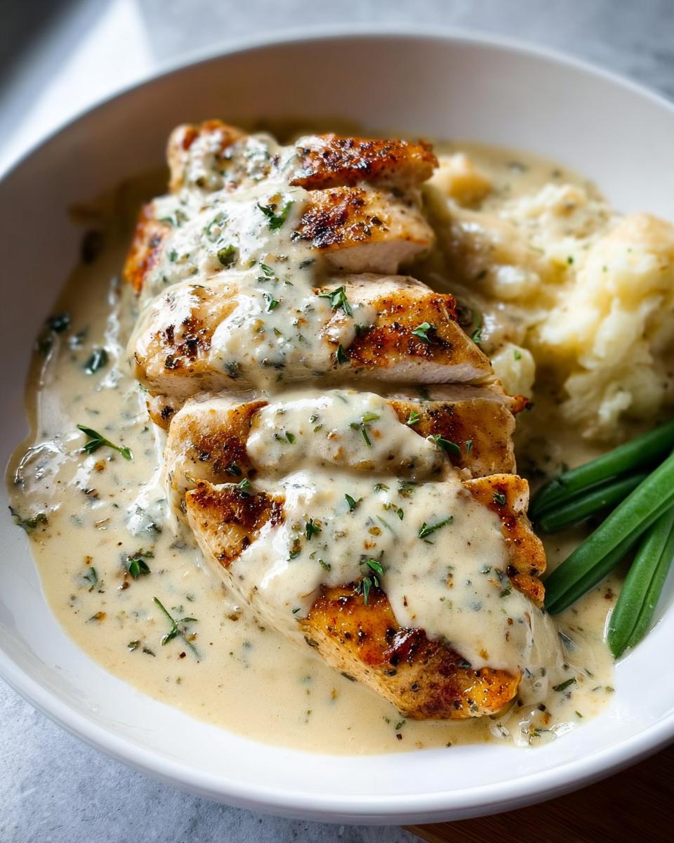 Sliced, pan-seared chicken breast covered in a rich, creamy ranch sauce, served with mashed potatoes and green beans.