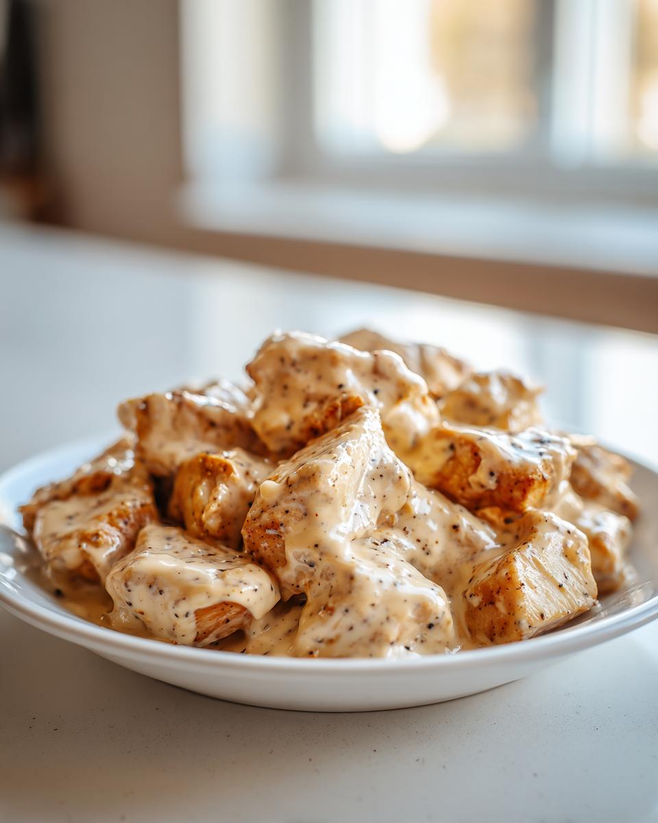 Close-up of bite-sized pieces of seared chicken smothered in a creamy, speckled ranch sauce, part of the Easy Creamy Ranch Chicken Recipe.