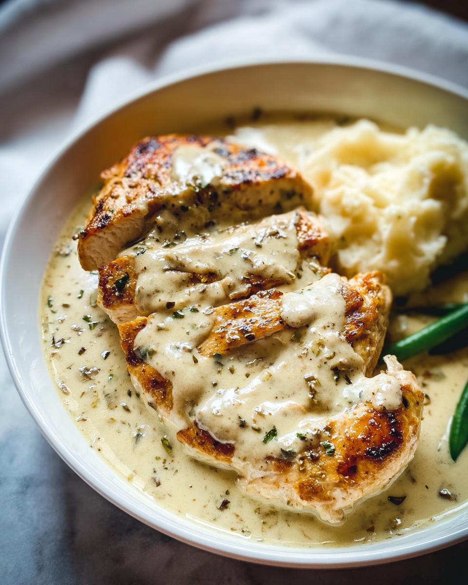 Close-up of sliced, pan-seared Easy Creamy Ranch Chicken covered in sauce, served with mashed potatoes and green beans.