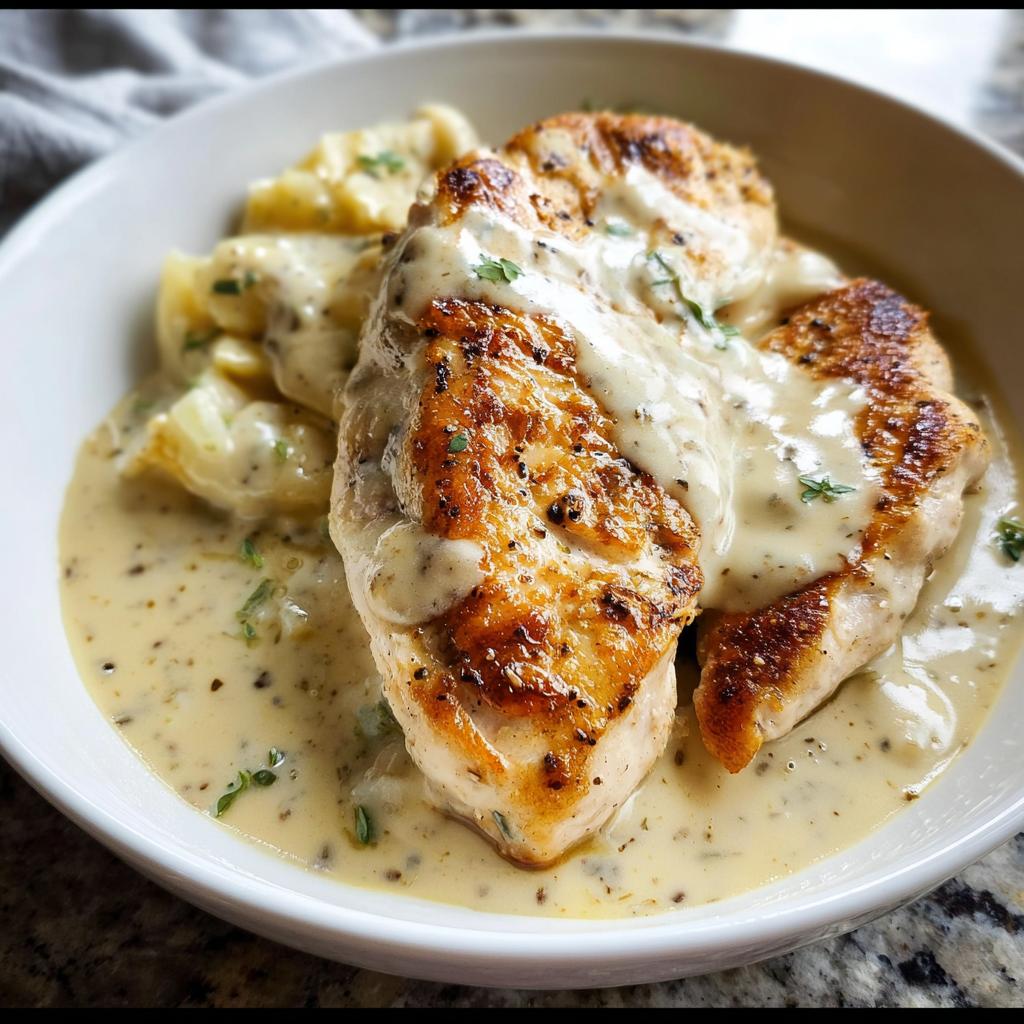 Close-up of seared chicken breasts covered in creamy Ranch sauce, served with potatoes.
