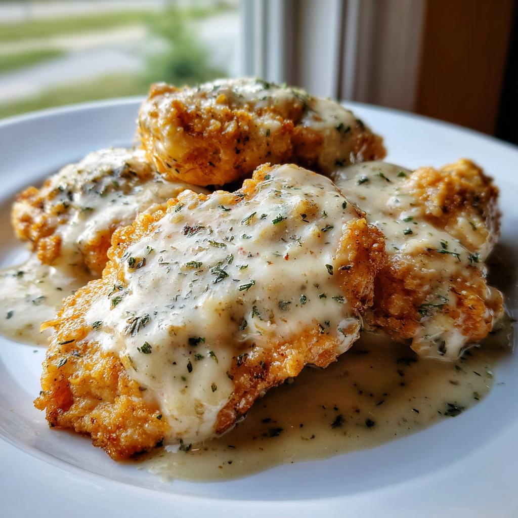 Close-up of crispy fried chicken pieces smothered in Easy Creamy Ranch Chicken Recipe sauce.