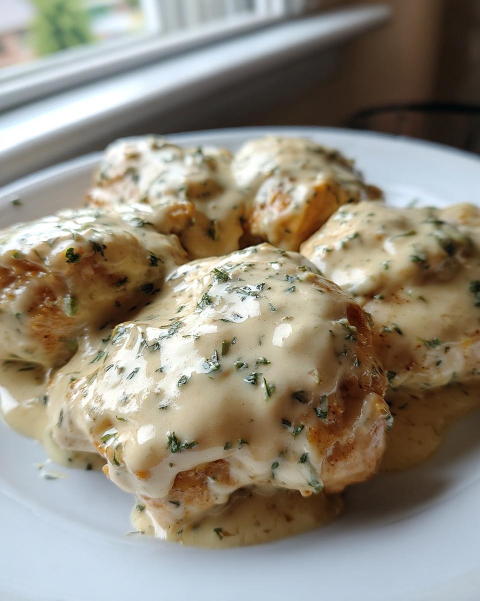 Close-up of several pieces of seared chicken breasts smothered in a thick, creamy ranch sauce topped with fresh parsley.