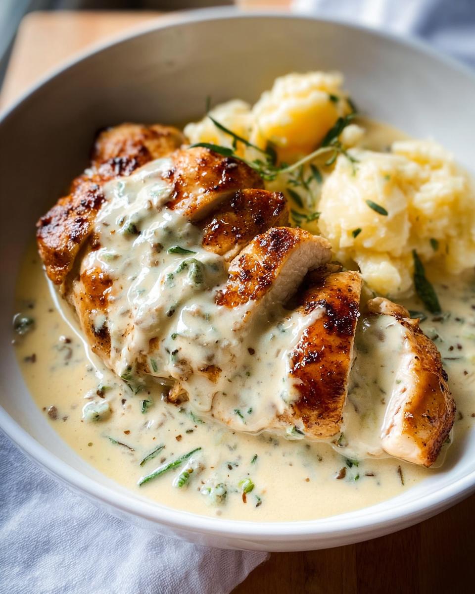 Sliced, pan-seared chicken breast covered in creamy ranch sauce, served with mashed potatoes.