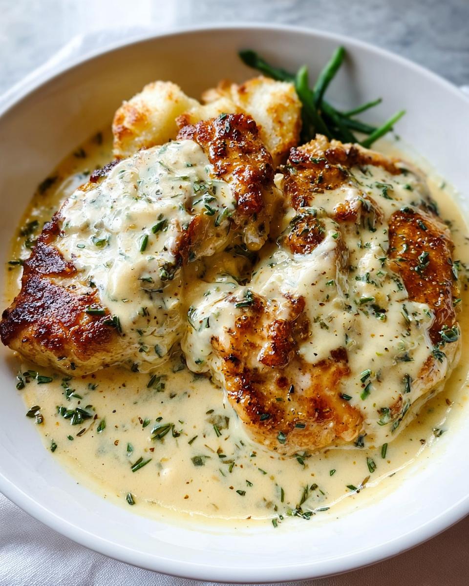 Two golden-brown chicken breasts smothered in a rich, creamy ranch sauce dotted with green herbs, served in a white bowl.