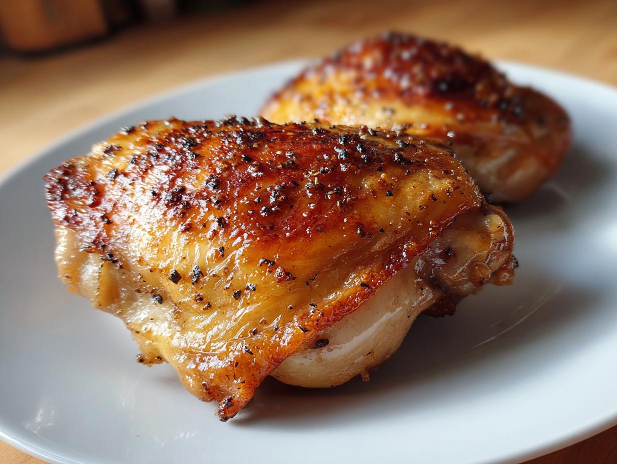 Close-up of two perfectly cooked, glazed chicken thigh recipes with crispy, seasoned skin.