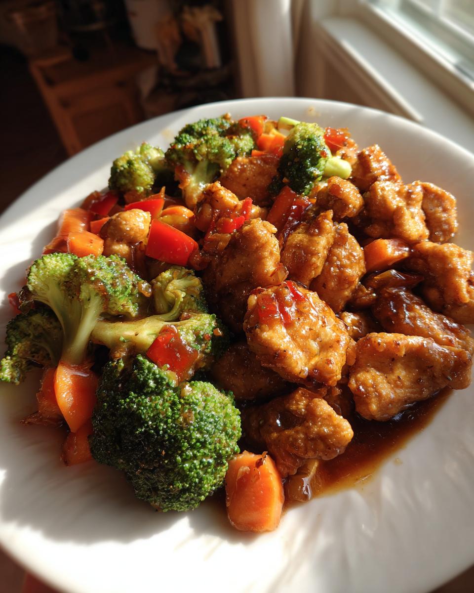 Plate of easy dinner recipes: glazed chicken pieces with bright green broccoli and orange carrots in a savory sauce.