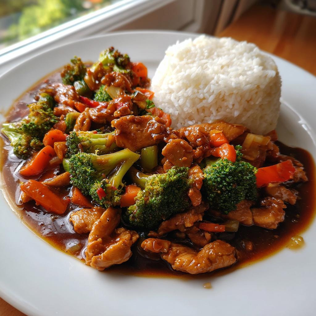 A plate featuring easy dinner recipes: chicken and broccoli stir fry with carrots in a savory sauce, served with a side of white rice.