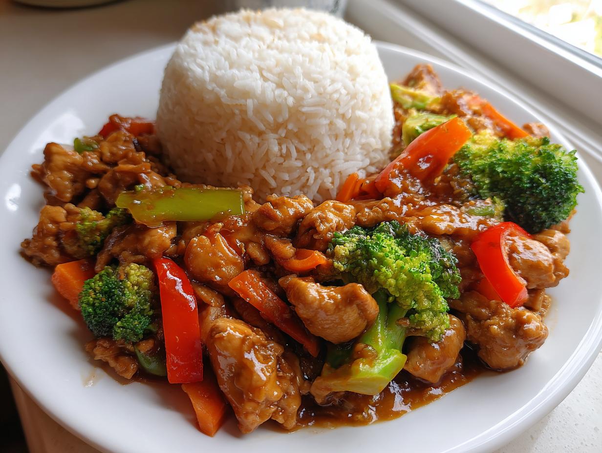 A plate featuring an easy dinner recipe: chicken stir-fry with broccoli, carrots, and peppers served with a dome of white rice.