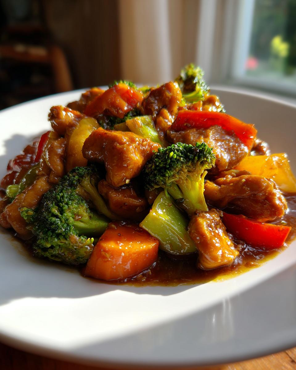 Close-up of an easy dinner recipe: a savory chicken and vegetable stir fry with broccoli, carrots, and peppers in a brown sauce.