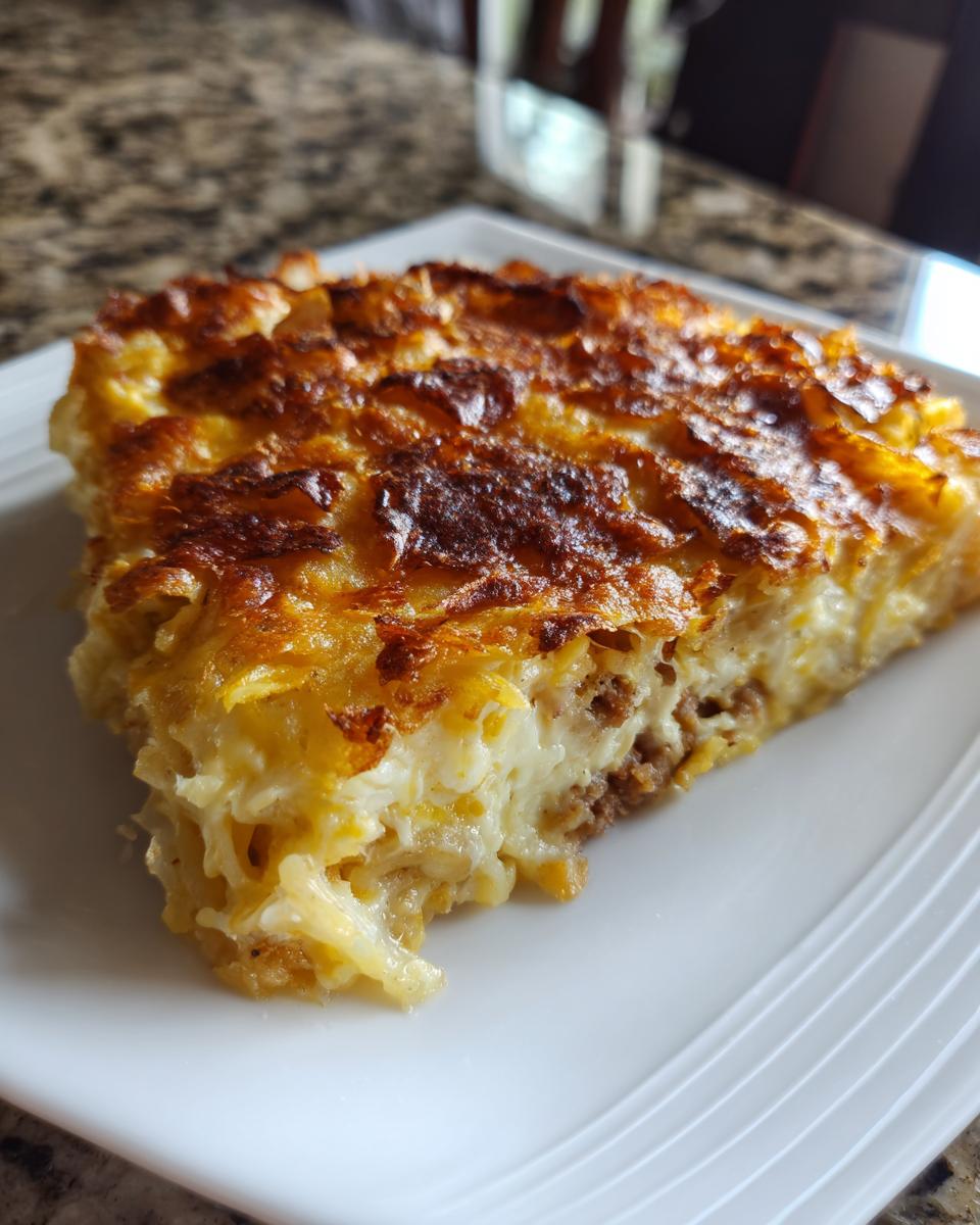 Close-up of a slice of an easy dinner recipes casserole with a golden, crispy, cheesy top and visible layers of pasta and meat filling.