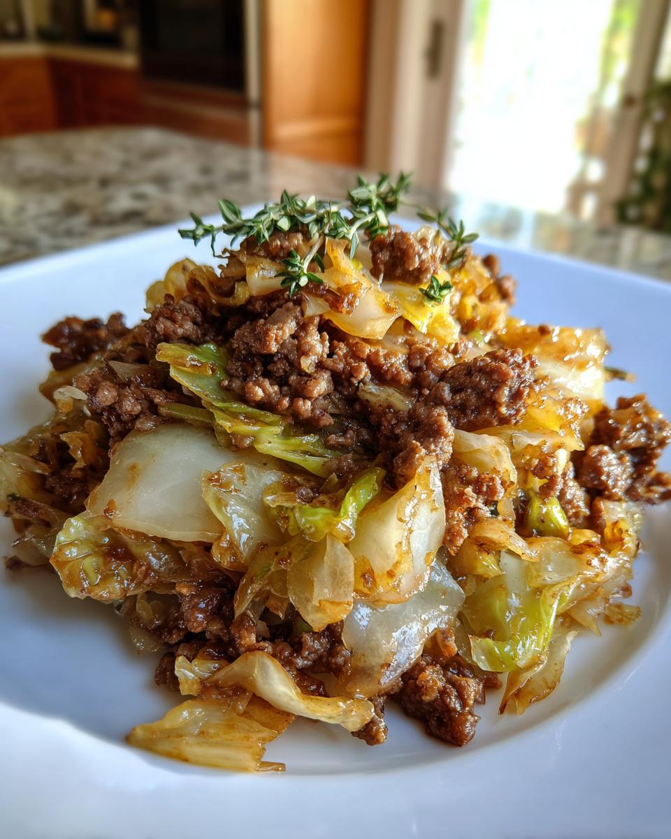 A close-up of the Easy Ground Beef and Cabbage Skillet Dinner Recipe served on a white plate and garnished with fresh thyme.