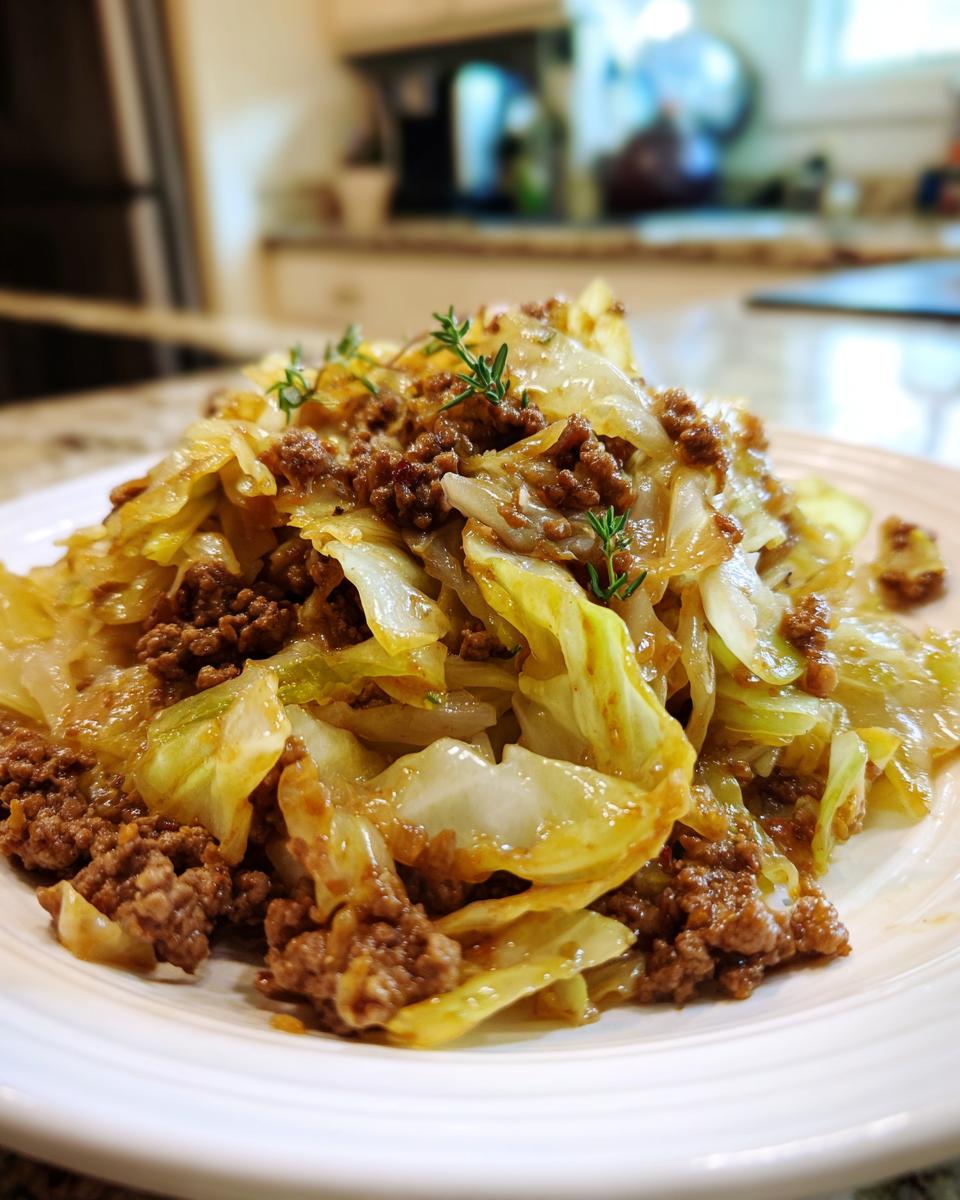 A close-up of the Easy Ground Beef and Cabbage Skillet Dinner Recipe served on a white plate, garnished with thyme.