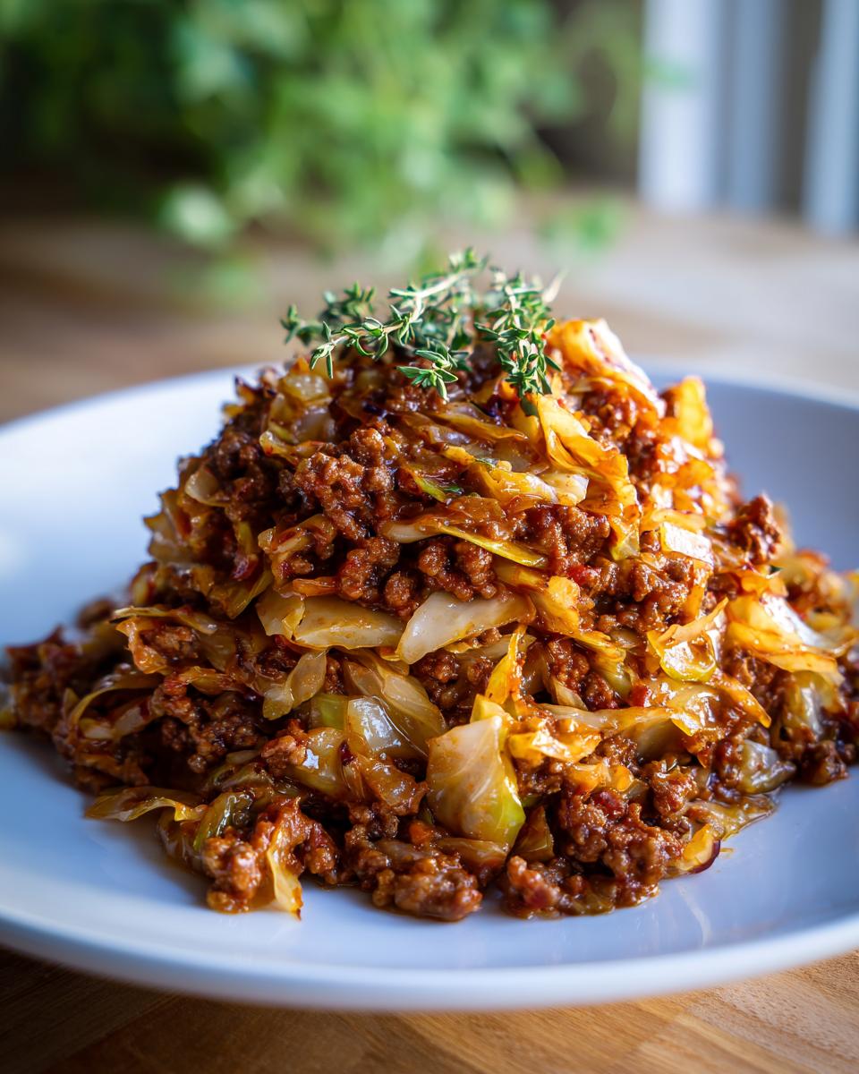 A mound of Easy Ground Beef and Cabbage Skillet Dinner Recipe served on a white plate, garnished with fresh thyme.