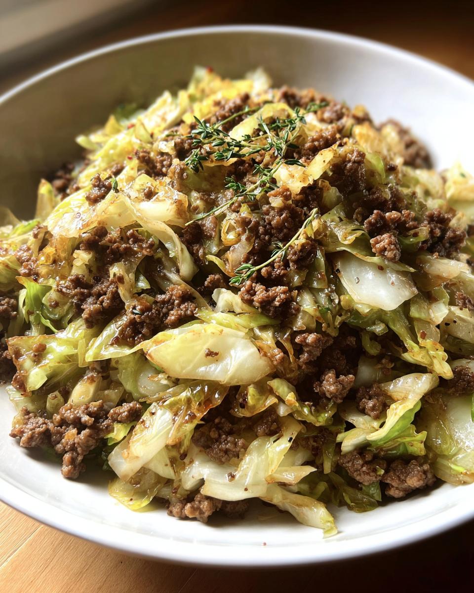 A close-up of the Easy Ground Beef and Cabbage Skillet Dinner Recipe, garnished with fresh thyme.