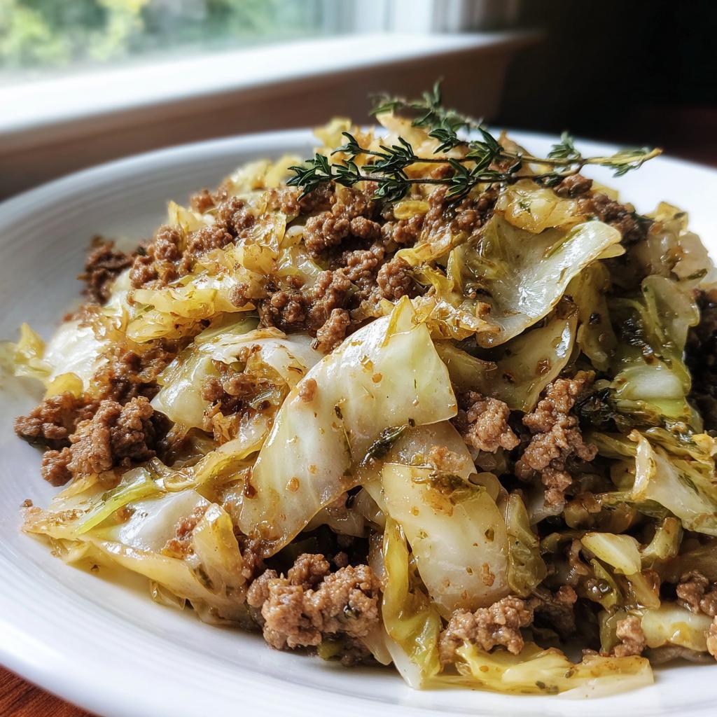 A close-up of the Easy Ground Beef and Cabbage Skillet Dinner, topped with fresh thyme.