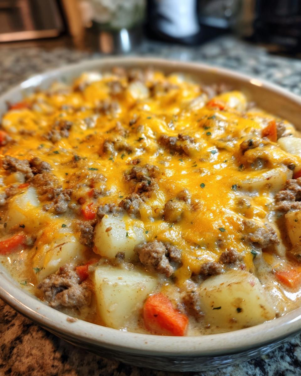 Close-up of Easy Hobo Casserole with ground beef, chunks of potato, carrots, and melted cheddar cheese.
