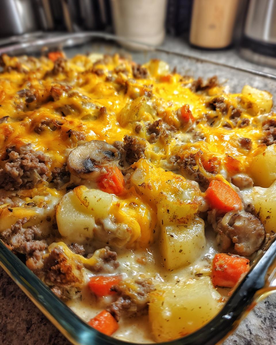Close-up of a bubbling Easy Hobo Casserole Ground Beef Dinner Recipe topped with melted cheddar cheese, potatoes, and carrots.
