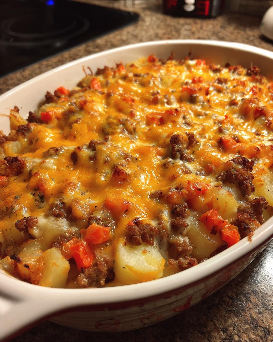 Close-up of a baked Easy Hobo Casserole Ground Beef Dinner with melted cheddar cheese over potatoes and ground beef.