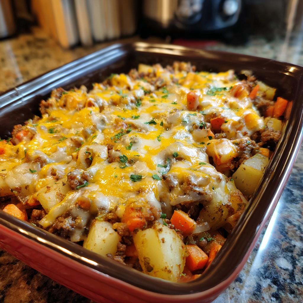 Close-up of Easy Hobo Casserole Ground Beef Dinner topped with melted cheddar and mozzarella cheese.