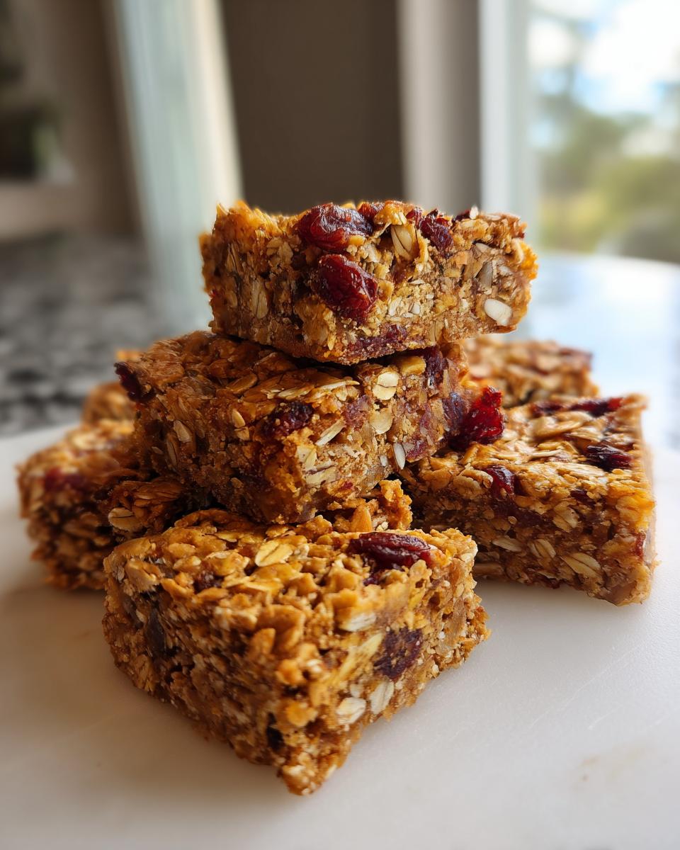 A stack of chewy, homemade granola bars featuring oats, seeds, and dried cranberries, ready to eat.