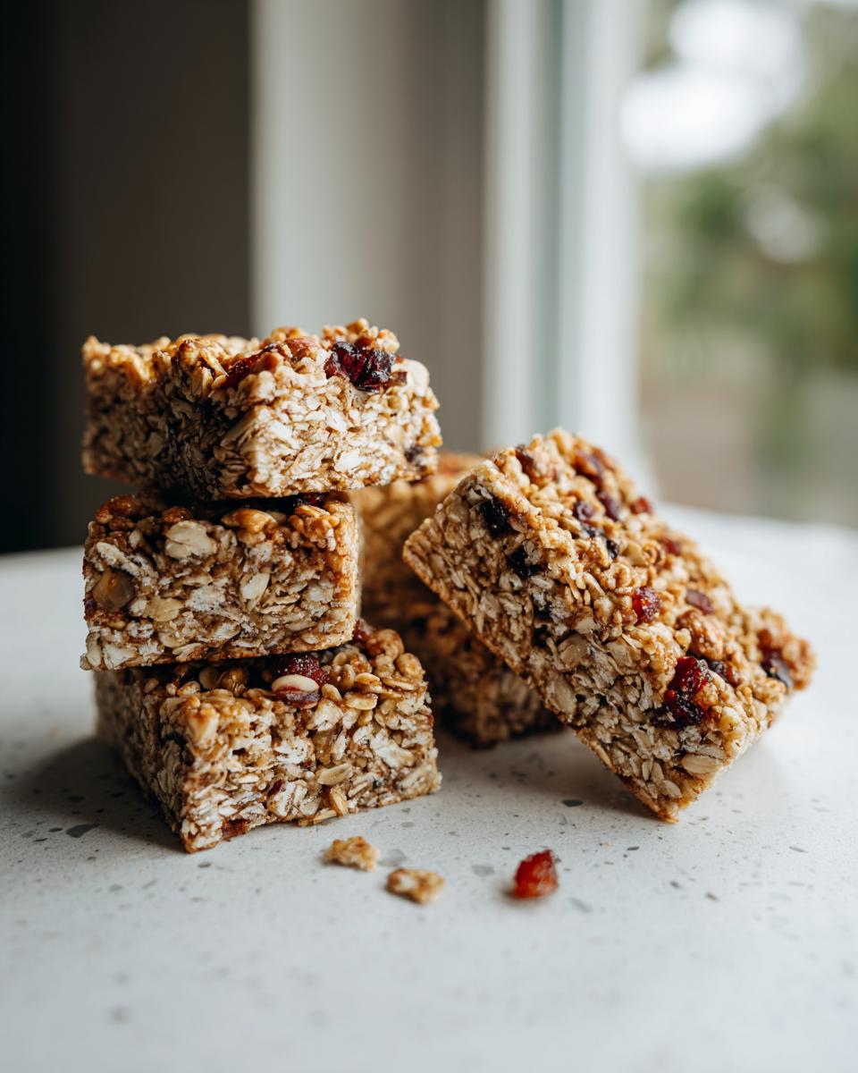 A stack of four chewy Easy Homemade Granola Bars made with oats and dried cranberries, set against a bright background.