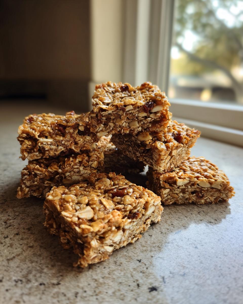 A stack of chewy Easy Homemade Granola Bars made with oats, nuts, and dried fruit, set near a bright window.