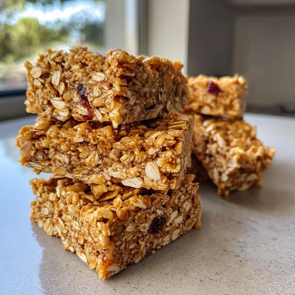 A stack of chewy, golden Easy Homemade Granola Bars made with visible oats and dried fruit pieces.