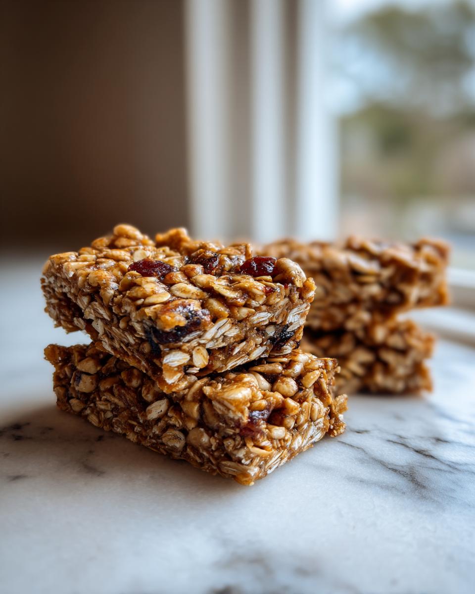 Two stacked Easy Homemade Granola Bars showing oats and dried fruit on a white marble surface.