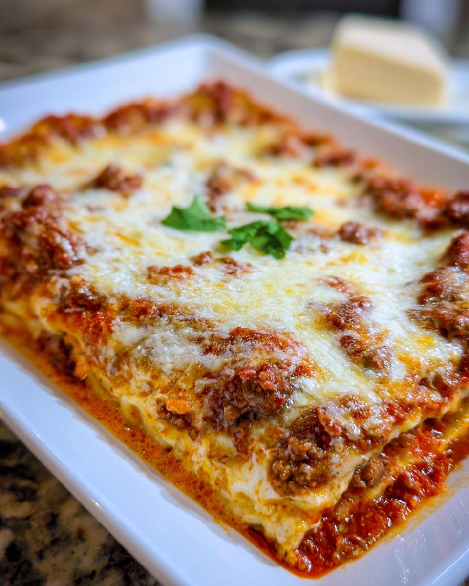 Close-up of a freshly baked Easy Lasagna Dinner for Busy Families with melted cheese and meat sauce.