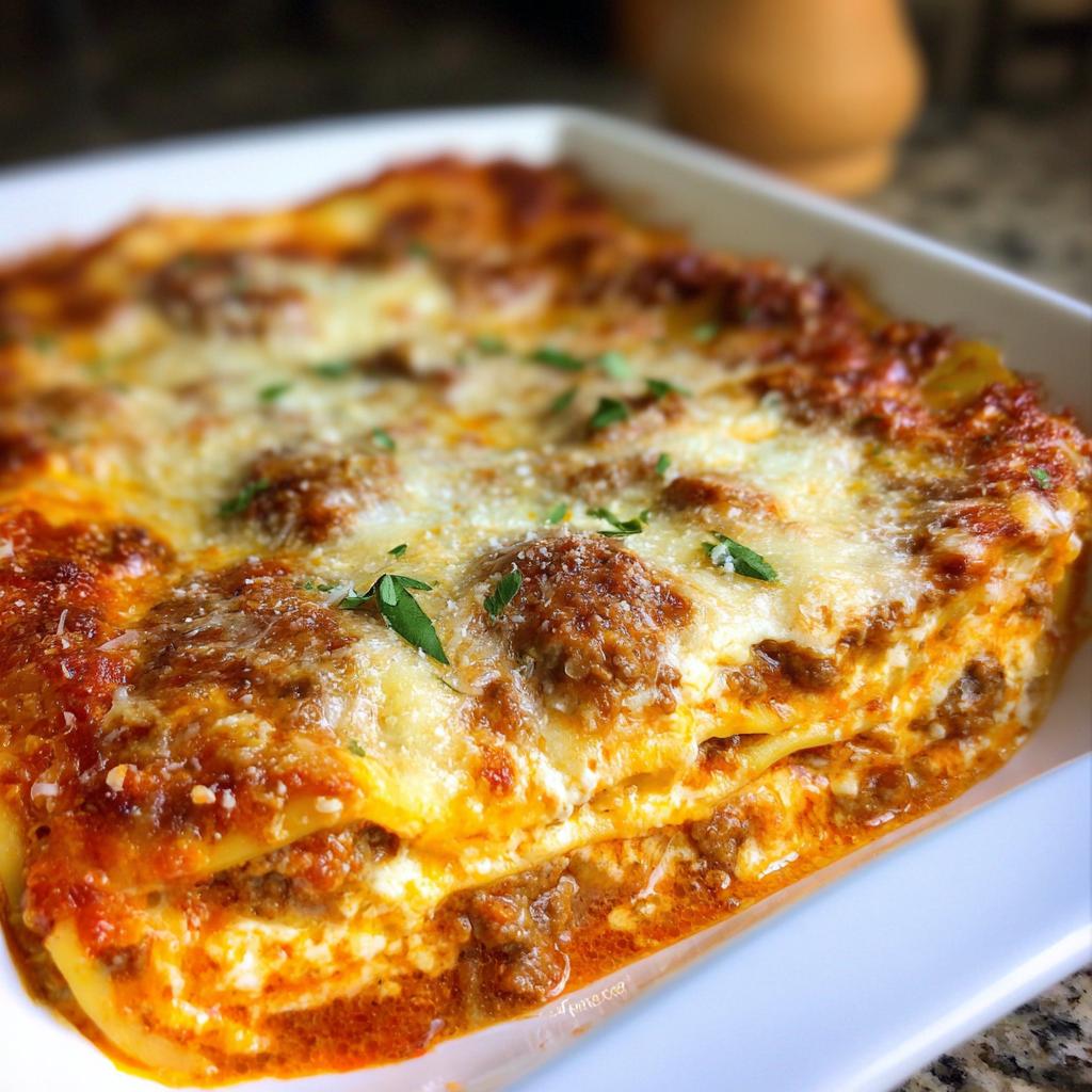 Close-up of a baked Easy Lasagna Dinner with melted cheese, rich meat sauce, and parsley garnish.