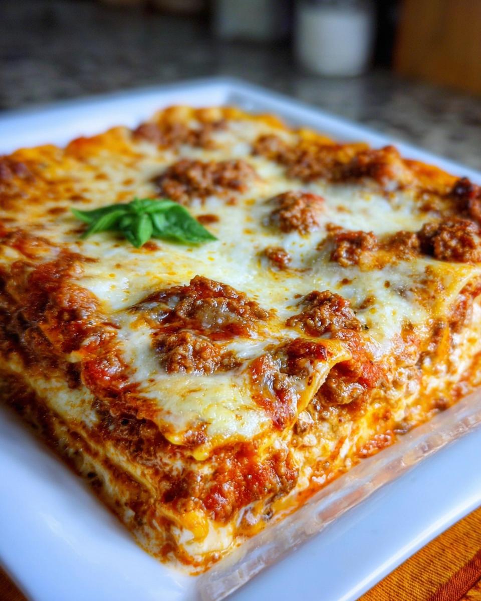 Close-up of a square slice of Easy Lasagna Dinner for Busy Families, topped with melted cheese and meat sauce.