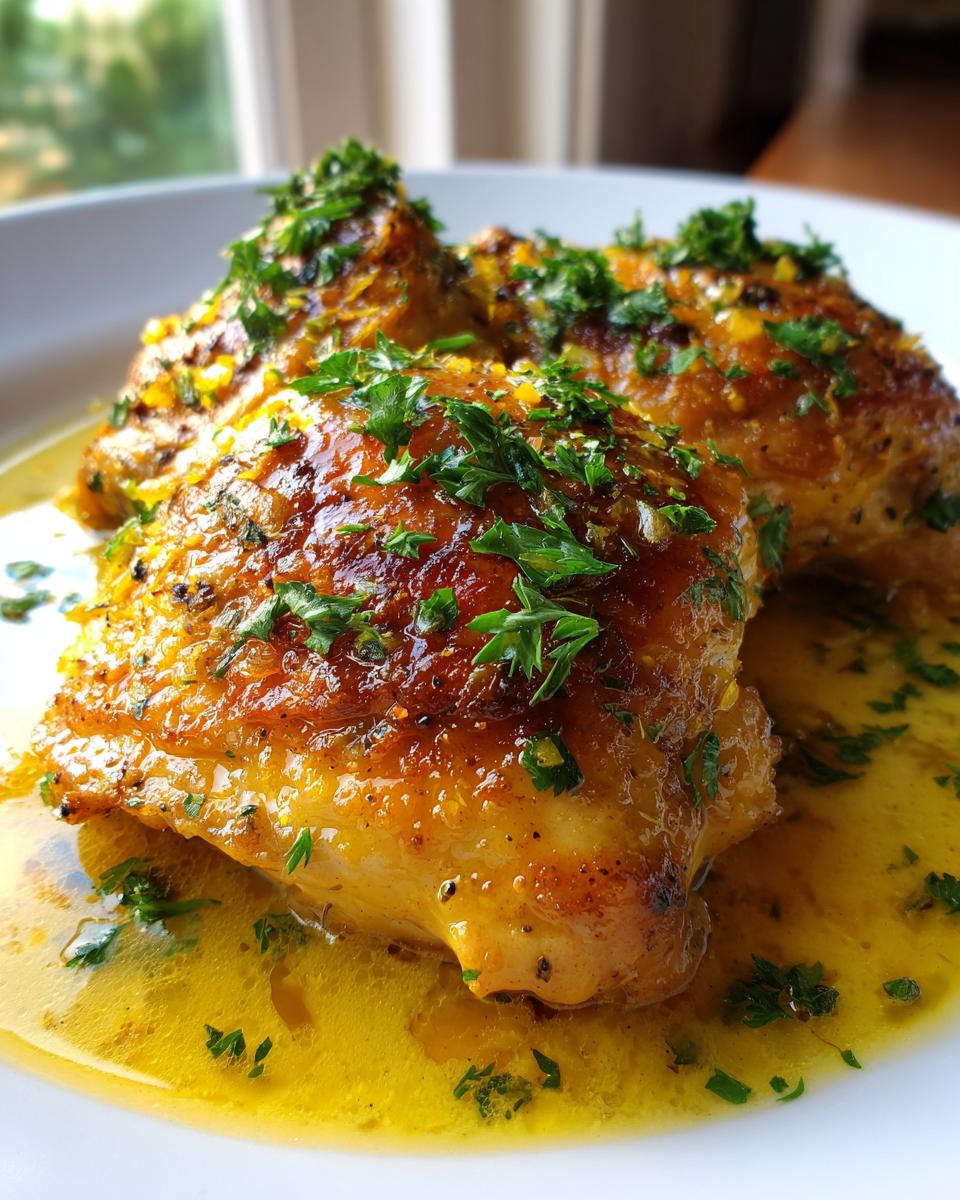 Close-up of golden brown Easy Lemon Garlic Chicken Skillet pieces covered in bright yellow sauce and fresh parsley.