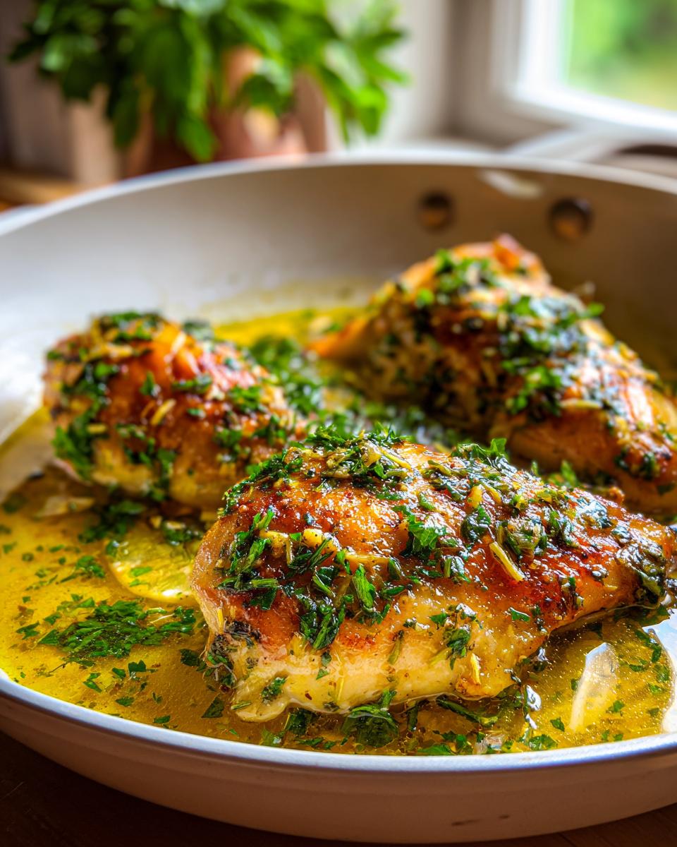 Three golden-brown chicken breasts simmering in a bright lemon garlic sauce, topped with fresh parsley.