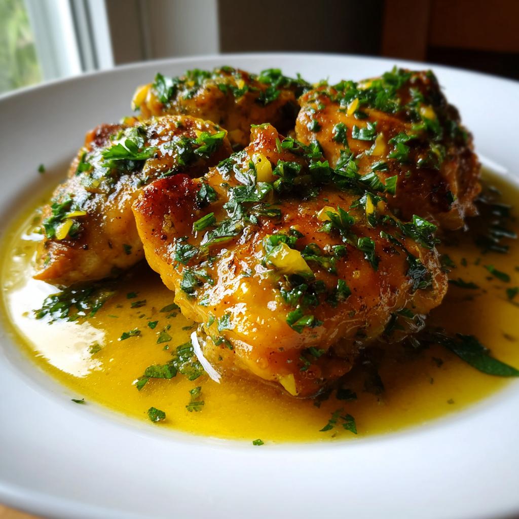 Four pieces of golden brown Easy Lemon Garlic Chicken Skillet coated in bright yellow sauce and fresh parsley.
