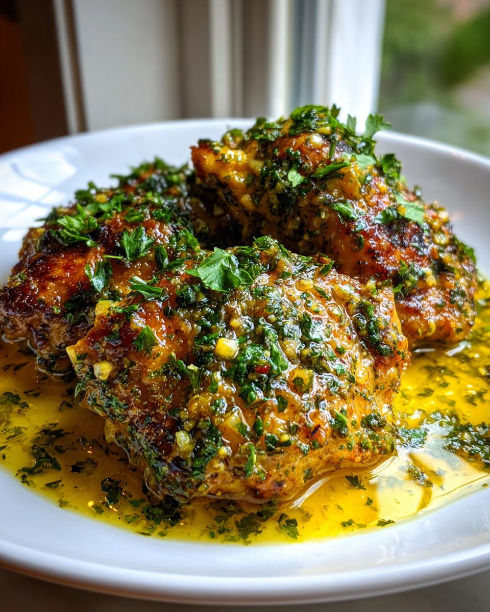 Close-up of three pieces of Easy Lemon Garlic Chicken Skillet, smothered in a bright, herby, buttery sauce.