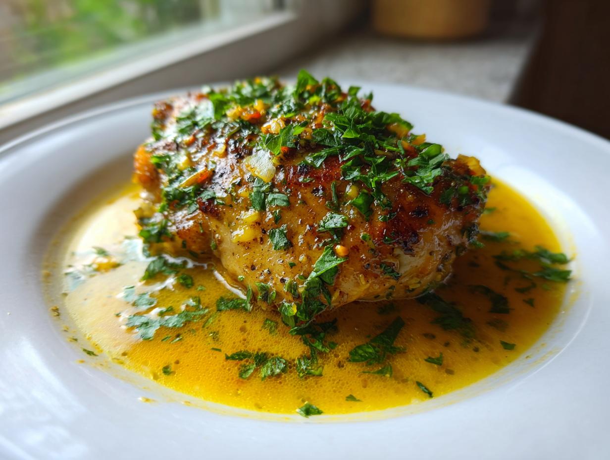 A single serving of Easy Lemon Garlic Chicken Skillet, glistening in bright yellow sauce and topped with fresh parsley.