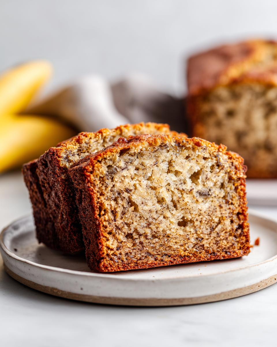 Close-up of two moist slices of banana bread showing the tender crumb texture, part of the Foolproof banana bread Recipe.