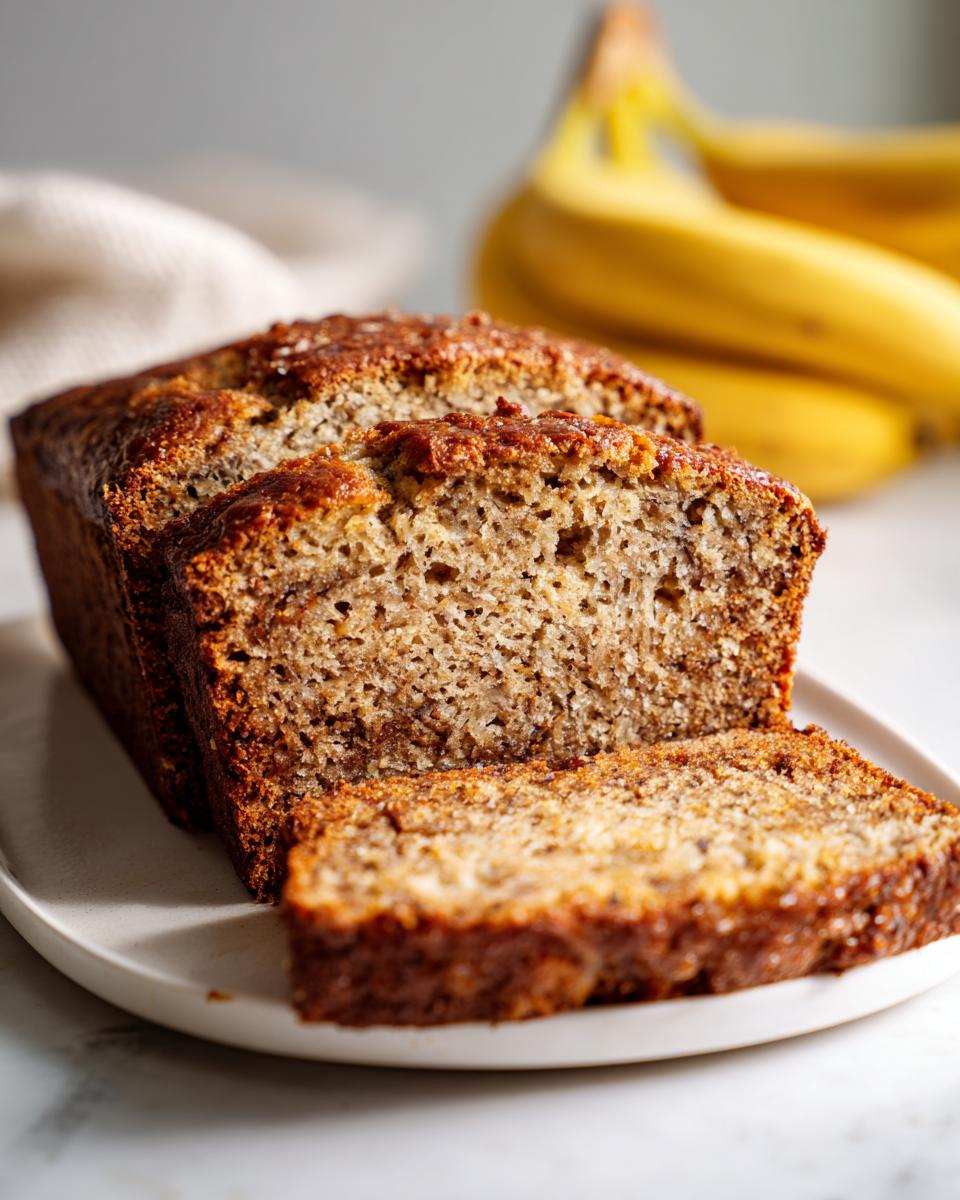 Slices of moist banana bread displayed on a white plate with ripe bananas blurred in the background.