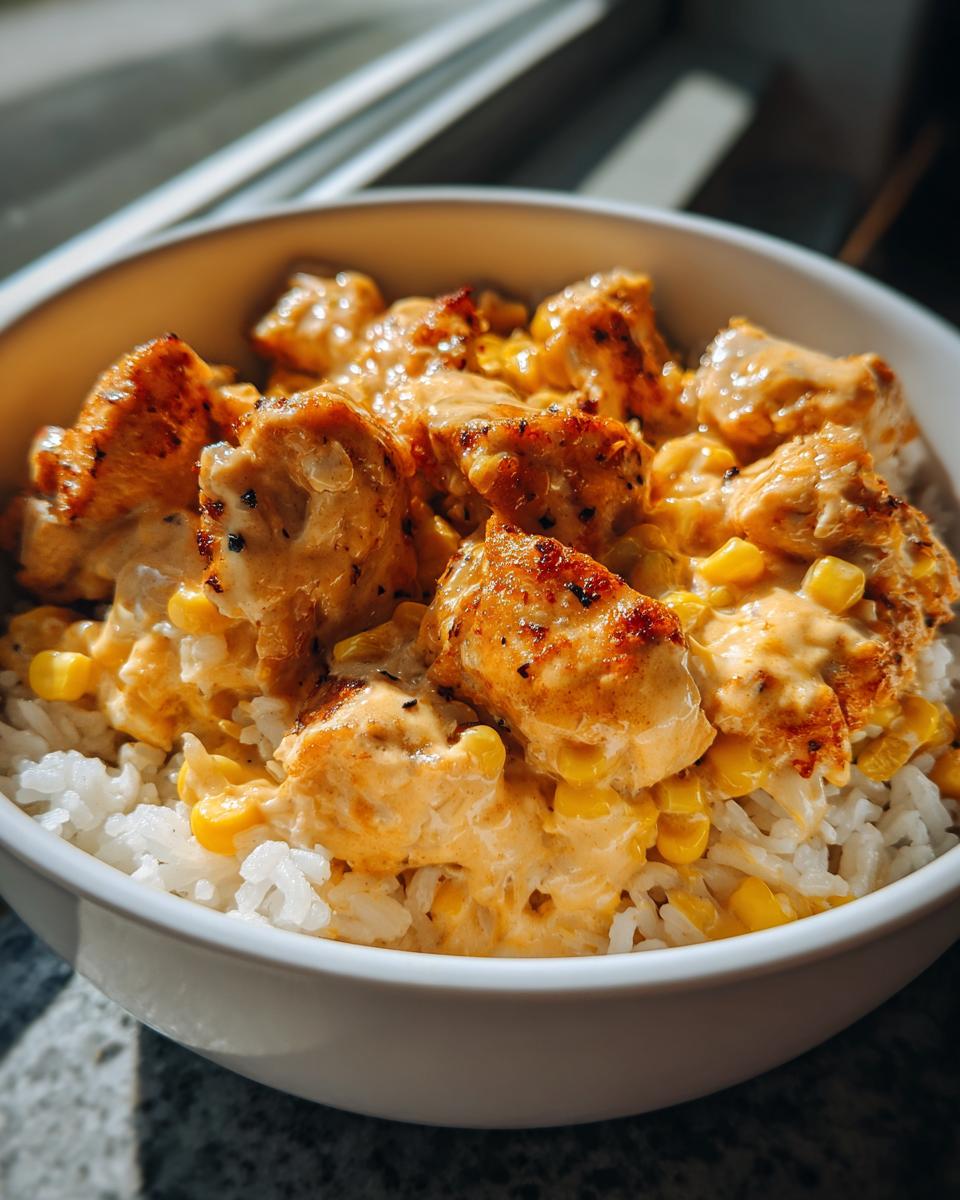 Close-up of an Easy Street Corn Chicken Rice Bowl with creamy sauce over white rice and seasoned chicken pieces.