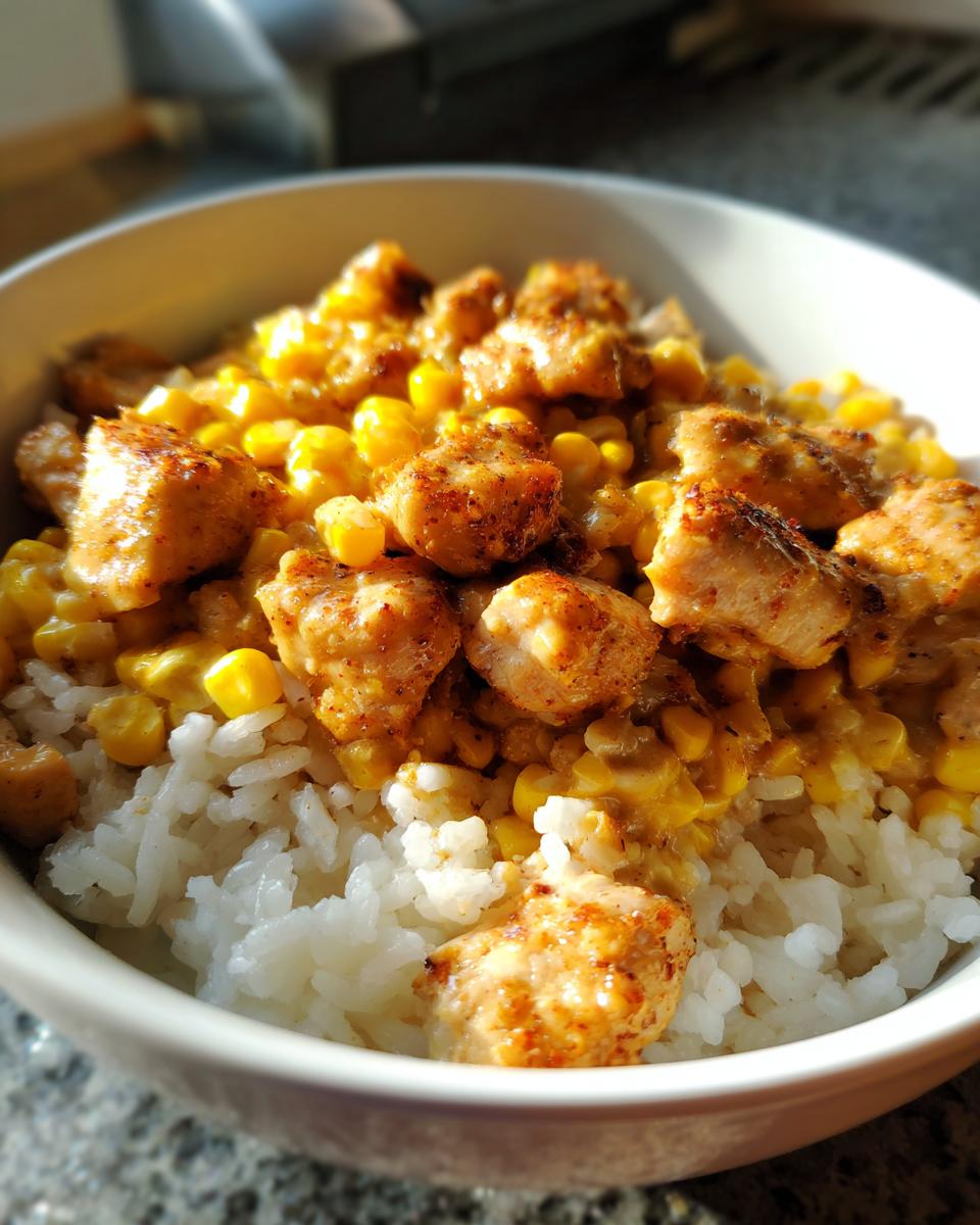 Close-up of an Easy Street Corn Chicken Rice Bowl with seasoned chicken chunks over rice and creamy corn.