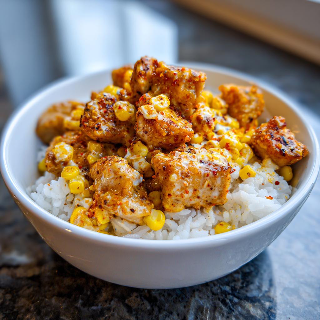 A white bowl filled with white rice topped generously with seasoned chicken pieces and creamy street corn.