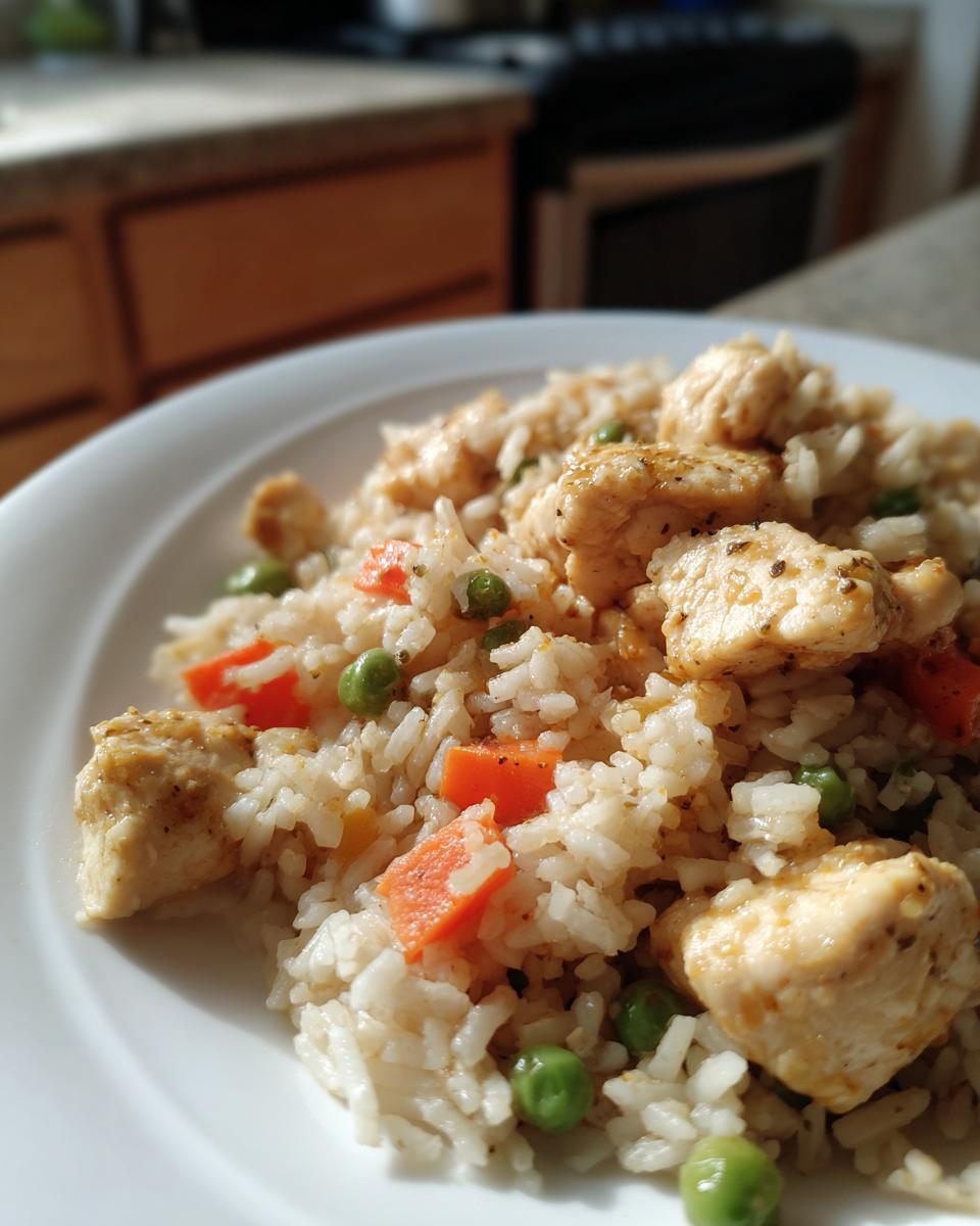 Close-up of seasoned chicken pieces mixed with rice, peas, and carrots—a perfect example of easy weeknight dinners.